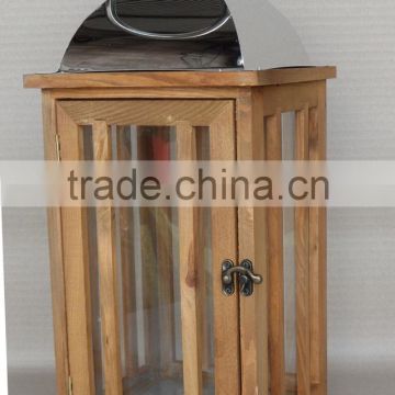 Wooden Pillar Lantern Candle Holder With Stainless Steel Metal Top