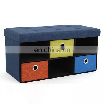 Customized popular long bench button design colourful folding storage ottoman bench with three drawers