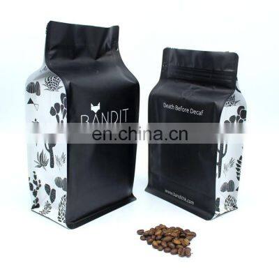 Custom printed matte black coffee bags 12oz 16oz flat bottom pouch tear off ziplock with valve