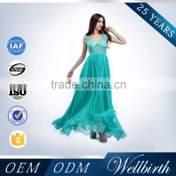 Garment District Queen Anne Lace Chiffon Neck Long Prom Dresses Turquoise