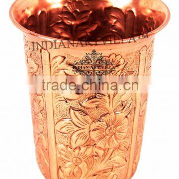 IndianArtVilla Handmade 4.5" X 3.0" Pure Copper Designer Glass 325 ML - Serving Water Kitchen Home Hotel Restaurant Hotel Gift I