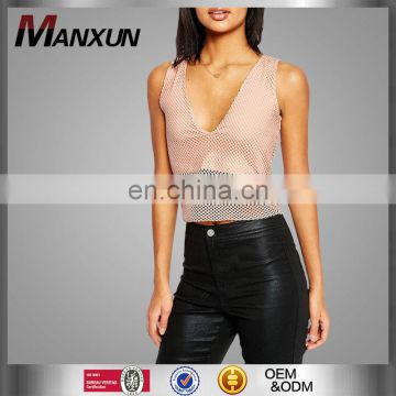 Clothing Wholesale New Fashion Women's Clothing Deep Plunge Neck Europe Sexy Knitted Mesh Plunge Neck Top