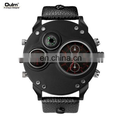 OULM 3741 High Quality Men Japan Movement Compass Watches Leather Strap Unique Design Quartz Fashion Watch