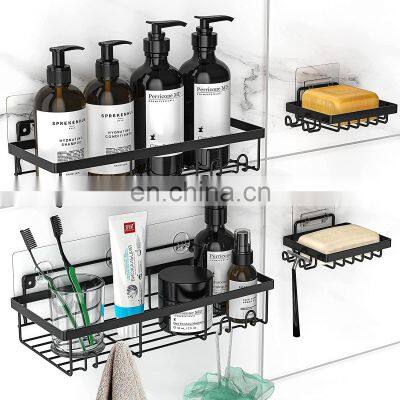 4 Pack No Drilling Wall Mount Shower Caddy Adhesive Black Bathroom Basket Shelves with Hooks