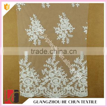 HC-5636-1 Hechun Hot Sale 2016 Pearl Bead White Big Bridal Lace Fabric for Gowns