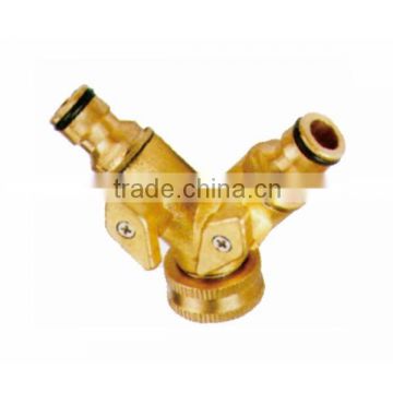 Brass snap-in Y hose connector with shut off valve