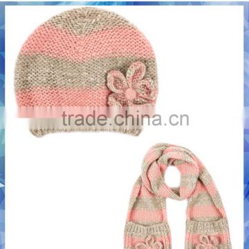 100% acrylic pink and grey stripe knit scarf with pocket and hat for young girls