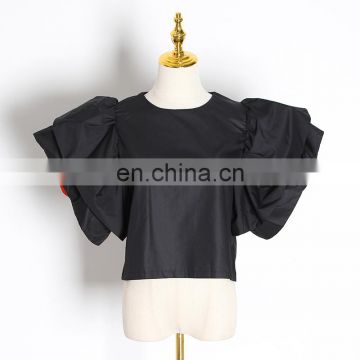 TWOTWINSTYLE Sweet Style Patchwork Blouses Female O Neck Butterfly Short Sleeve Hit Color Ruffle