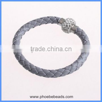 Wholesale Gray PU Leather Clear Rhinestones Pave Magnetic Clasp Bracelets PLB-FB002C