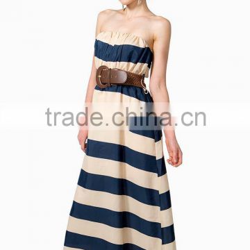 2016 Hot selling wide stripes pleated front elasticized belt women dress
