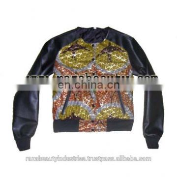 African Wax Fabric Ladies Bomber Jackets, Pu Leather Sleeves Women Varsity Jackets, Girls Satin Baseball Jackets