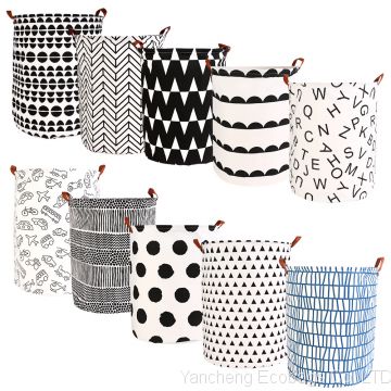 canvas printed white large storage basket round leather laundry basket foldable fabric laundry basket with handles