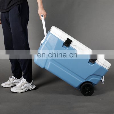 OEM 65L Ice Chest Cooler Box PU Foam Insulated Plastic Cooler Box with Wheels for Outdoor Camping
