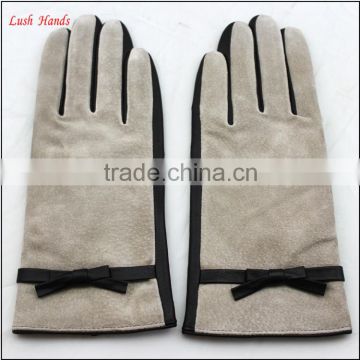 Ladies cheap winter suede leather gloves with bowknot