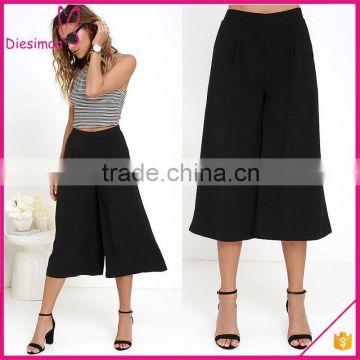 Hot Selling New Fashion Woven Fabric High Waist Wide Leg Mid Length Black Culottes Pants For Women