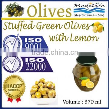 Stuffed Green Olives with Lemon. Top Quality 100% Tunisian Olives.Stuffed Olives with Lemon, Table Olives. 370 ml Glass Jar
