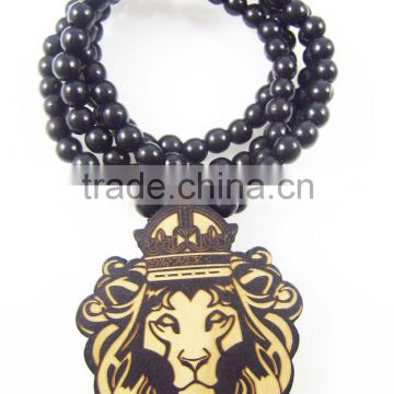 Hip Hop Lion Kings Pendants Men's Fashion Wood Rosary Chain Beads Necklaces