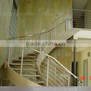 double spine wooden curved stairs with stainless steel rod rails /arc staircase