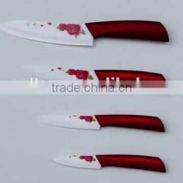 Red Handle Ceramic Blade with printing flower set of 4 multi-purpose knives