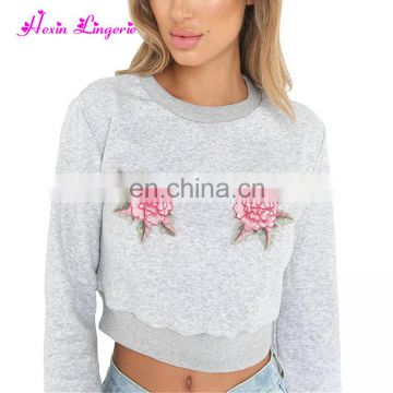 Drop Shipping Gray Fashion O Neck Exposed Navel Embroidered Women Blouse Tops