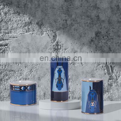 Modern Gold Plated White Ceramic Porcelain Luxury Blue Horse Vase for Home Decoration