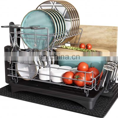 2 Tier Stainless Steel Dish Racks with Drainboard Set Kitchen Dish Drainer with Drip Tray Wine Glass Utensil Holder & Drying Mat