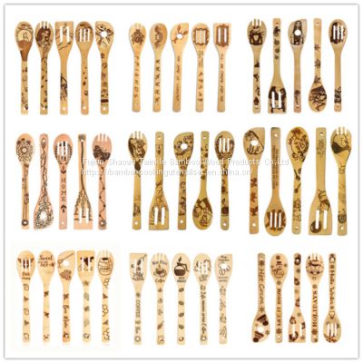 Bamboo cooking utensil set burned /Christmas bamboo wooden cooking spoon engraved halloween  kitchen tools Wholesale
