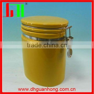 Oval shape yellow ceramic sugar jar with silicone lid