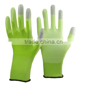 NMSAFETY 13 gauge knitted hi-viz green nylon liner coated white pu on palm and grey carbon on top three fingers ESD gloves