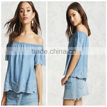 Ladies Short Sleeve Off The Shoulder Light Blue Embroidered Denim/Jeans Top