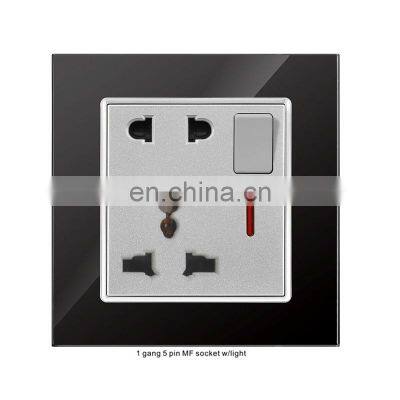 New design electrical wall switch socket panel gold red black glass panel 5-pin intermediate frequency switch socket
