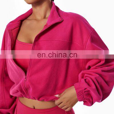 Wholesale Full Zipper Up Women Fleece Adjustable Hoodie Long Sleeve Sports Sherpa Jackets