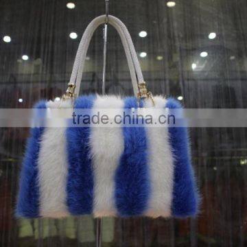 Fresh Fashion Bags Mixture stripe three colors Genuine mink Fur Leather Women Design shoulder Handbag