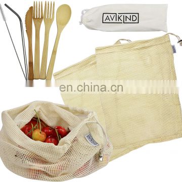 Reusable customized Cotton Mesh Produce Bags Wooden Bamboo Travel Utensils Set