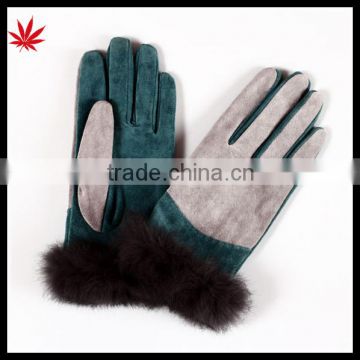 Women fashion high quality cheap suede leather gloves with fur