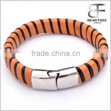 Brown and Black Stripe Leather Braided Cuff Bracelet Wristband, Couples Christmas Gift Stainless Steel Clasp