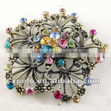 Bridal wedding craft dressy brass tone flower floral multi crystals brooch pin
