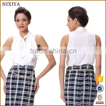 Sleeveless White Chiffon Tie Front Office Wear Blouse Ladies Wholesale China
