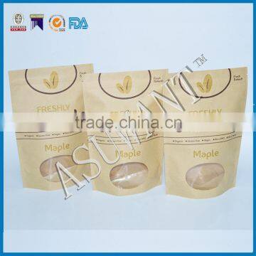 High grade Window food kraft stand up zippper pouch/Brown kraft paper zip bags/Dried food packaging bag