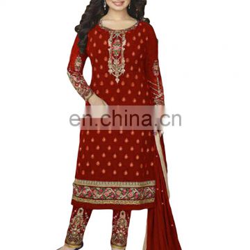 Woman's Royal Red Casual Party Wear heavy Embroidery Georgette Semi-Stitched Suits 2017 Collection (salwar kameez suits)