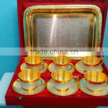 Gold Plated Brass Tea Coffee Cups & Plates Set Of Six Sets With Serving Tray