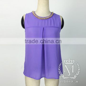 new fashion purple beaded collar sleeveless chiffon chest dart woman tops