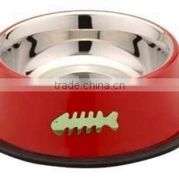 Stainless Steel Coloured Anti Skid Dog Bowl with Crown / Fish / Bone Fittings