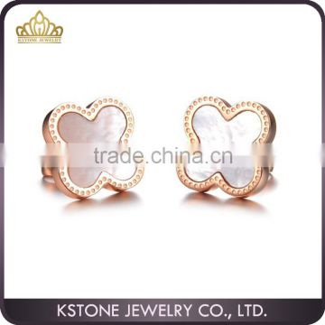 KSTONE rose gold stainless steel shell inlaid four leaf clover stud earrings