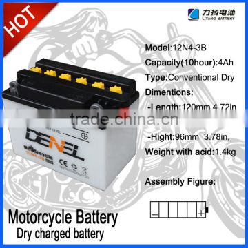12N4-3A 4Ah flooded conventional motorcycle 12V battery