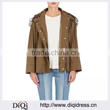 Customized Lady Apparel Long Sleeves Khaki Twill Faux Fur Crop Parka(DQM034C)