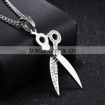 2017 trending products stainless steel micro pave cubic zirconia scissors men necklace
