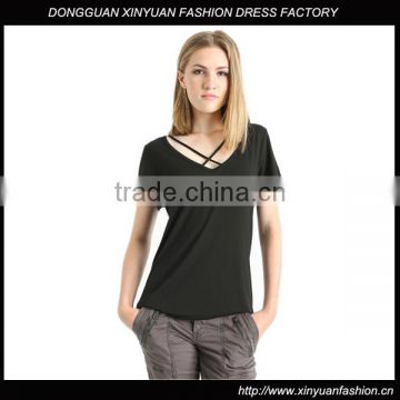 2016 Custom Ladies V Neck Short Sleeve Fashion Blouses Tops,Wholesale 95% viscose / 5% spandex T-Shirts Blouses For Ladies