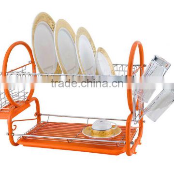 Kawachi Stainless Steel Chrome 2 Tier Dish Drainer Rack Glass Utensil-Orange