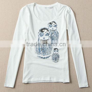 polyester cotton Autumn t shirt women, long sleeve white printed t shirt